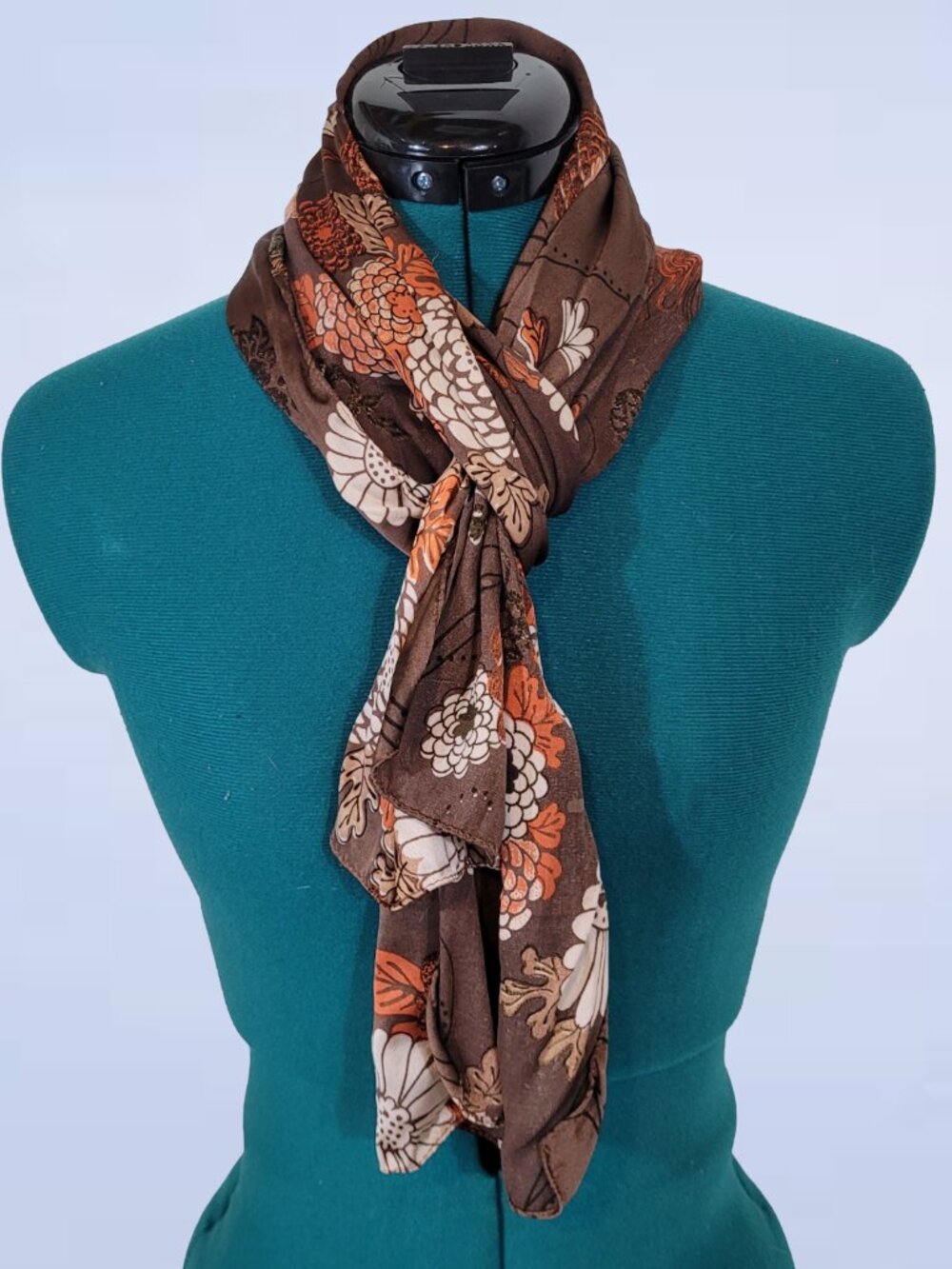 Brown Vintage Floral Silk Scarf with Orange and White Blossom Pattern
